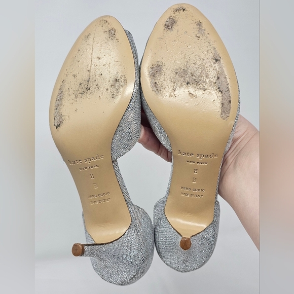 Kate Spade New York Silver Glitter Sage D'Orsay Peep Toe Heel Pumps Size 8B - Picture 10 of 14